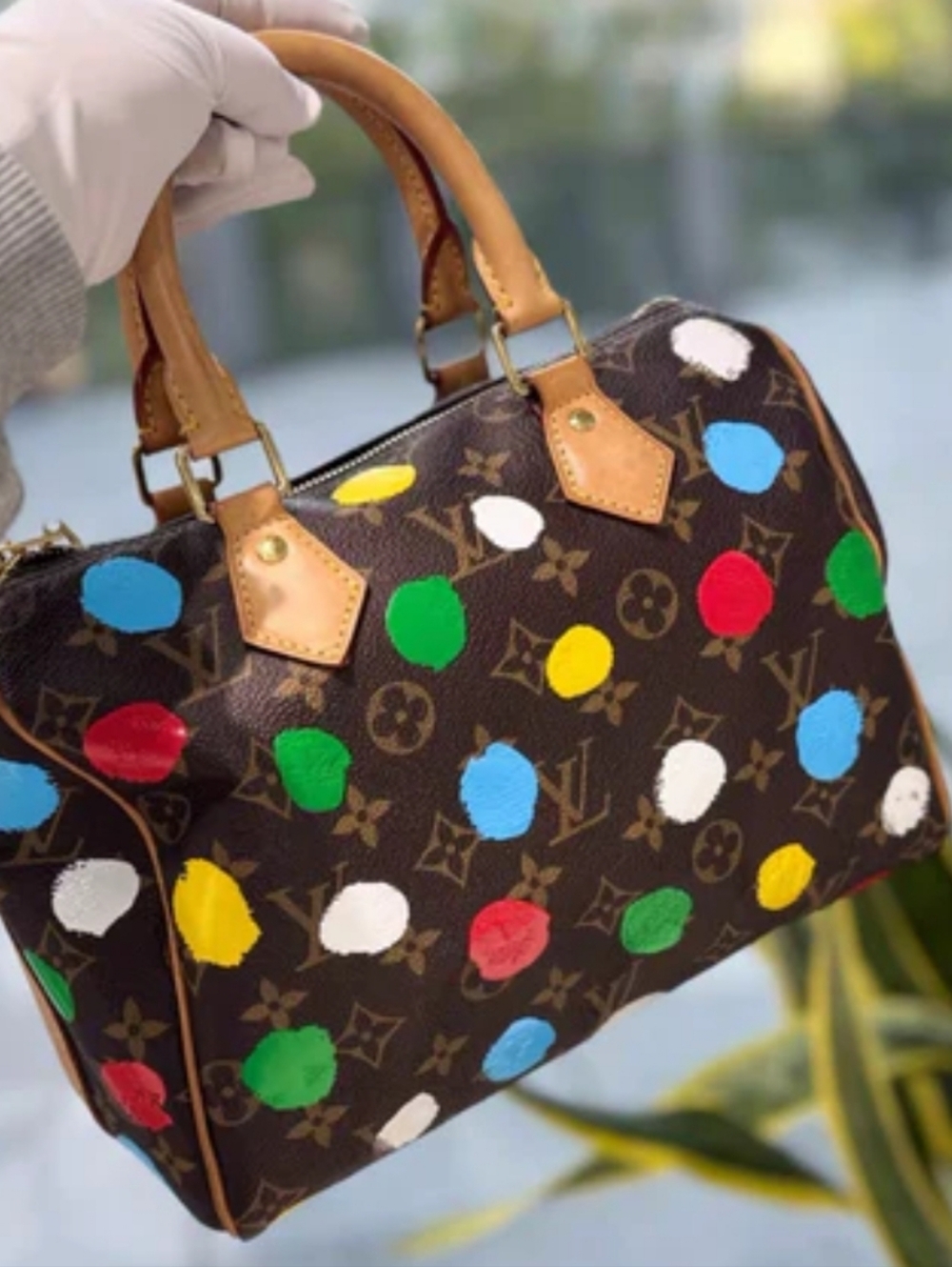 Signature Canvas Speed 25 Monogram Polka Dot Splash Boston Barrel Handbag
